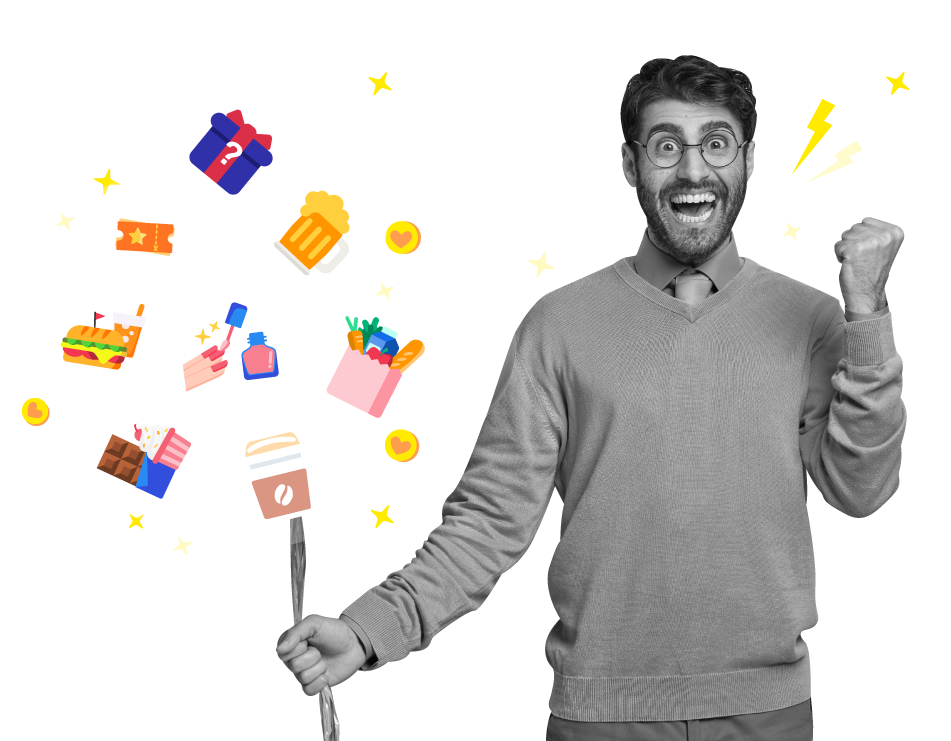 Excited customer surrounded by digital gifts loaded onto a gift card