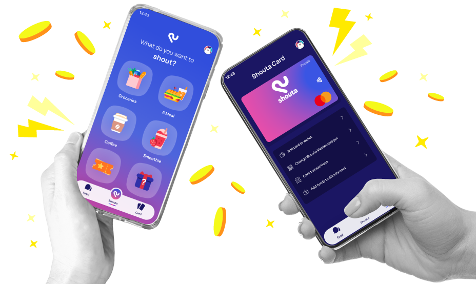 Two phones, one phone showing Shouta App homescreen and the digital gifts and the second phone showing Shouta Mastercard, a flexible gift card loaded and ready to spend