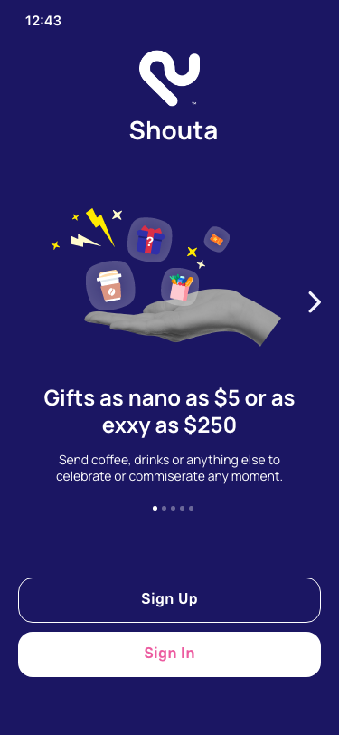 Phone showing sign up to Shouta App to claim a digital gift card